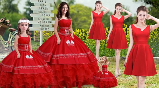 Dazzling Red Satin and Organza Lace Up Quince Ball Gowns Sleeveless Floor Length Embroidery and Ruffles