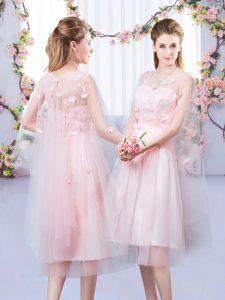 Baby Pink Dama Dress Wedding Party with Appliques and Belt V-neck Sleeveless Lace Up
