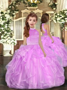 Popular Sleeveless Floor Length Beading and Ruffles Backless Kids Formal Wear with Lilac