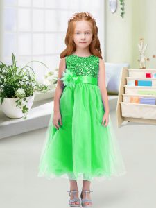 Simple Green Empire Sequins and Hand Made Flower Pageant Dress for Womens Zipper Organza Sleeveless Tea Length
