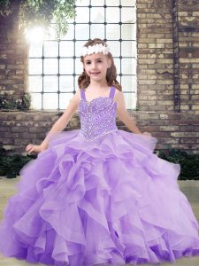Lavender Straps Lace Up Beading and Ruffles Kids Formal Wear Sleeveless