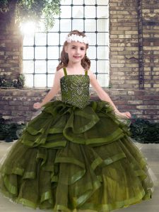 Luxurious Olive Green Straps Neckline Beading and Ruffles Evening Gowns Sleeveless Lace Up