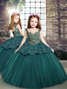 Teal Sleeveless Floor Length Beading and Appliques Side Zipper Girls Pageant Dresses
