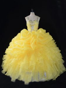 New Arrival Yellow Sleeveless Beading and Ruffles and Pick Ups Floor Length Quinceanera Gown