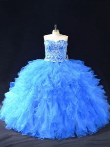 Artistic Beading and Ruffles Ball Gown Prom Dress Blue Lace Up Sleeveless Floor Length
