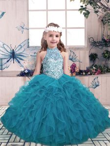 Teal Sleeveless Tulle Lace Up Child Pageant Dress for Party and Military Ball and Wedding Party