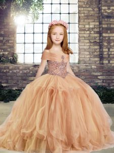Sleeveless Tulle Floor Length Lace Up Pageant Gowns For Girls in Champagne with Beading