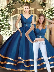 Navy Blue Sleeveless Tulle Backless Sweet 16 Dress for Military Ball and Sweet 16 and Quinceanera