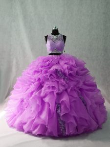 Lilac Sleeveless Organza and Sequined Brush Train Zipper Military Ball Dresses for Sweet 16 and Quinceanera