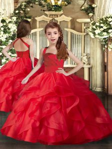 On Sale Ruffles and Ruching Little Girls Pageant Dress Red Lace Up Sleeveless Floor Length