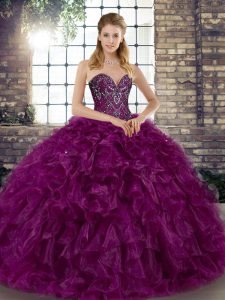 Custom Made Purple Sweetheart Neckline Beading and Ruffles Ball Gown Prom Dress Sleeveless Lace Up