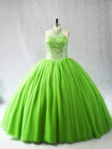 Pretty Ball Gowns Halter Top Sleeveless Tulle Court Train Lace Up Beading 15 Quinceanera Dress
