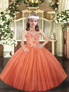 Orange Halter Top Neckline Appliques Pageant Dress for Teens Sleeveless Lace Up