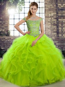 Stylish Off The Shoulder Sleeveless Brush Train Lace Up Quinceanera Dresses Tulle