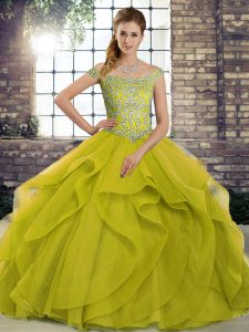 Enchanting Olive Green Tulle Lace Up Off The Shoulder Sleeveless Ball Gown Prom Dress Brush Train Beading and Ruffles