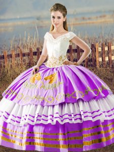 Lovely Floor Length Lace Up Sweet 16 Dress Lilac for Sweet 16 and Quinceanera with Embroidery and Ruffled Layers
