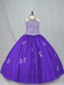 Super Halter Top Sleeveless Lace Up 15th Birthday Dress Purple Tulle
