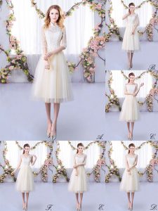 Dazzling High-neck Half Sleeves Court Dresses for Sweet 16 Tea Length Lace Champagne Tulle