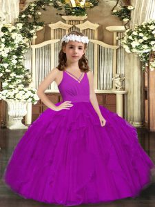 Elegant Floor Length Purple Pageant Dress for Teens Tulle Sleeveless Ruffles