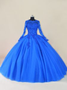 Dramatic Royal Blue Zipper Scalloped Lace and Appliques Vestidos de Quinceanera Tulle Long Sleeves