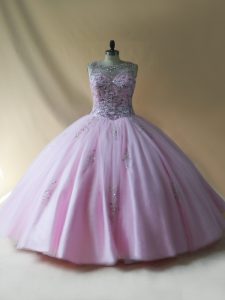 Floor Length Lace Up Vestidos de Quinceanera Baby Pink for Sweet 16 and Quinceanera with Beading