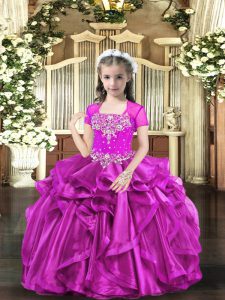 Fashionable Fuchsia Organza Lace Up Straps Sleeveless Floor Length Pageant Dress Womens Beading and Ruffles
