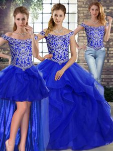 Fantastic Royal Blue Vestidos de Quinceanera Tulle Brush Train Sleeveless Beading and Ruffles