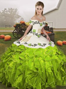 Trendy Olive Green Ball Gowns Organza Off The Shoulder Sleeveless Embroidery and Ruffles Floor Length Lace Up 15 Quinceanera Dress