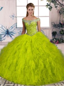 Delicate Tulle Sleeveless Quinceanera Gown Brush Train and Beading and Ruffles