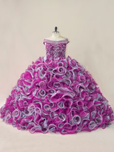 Exceptional Off The Shoulder Sleeveless 15th Birthday Dress Brush Train Beading and Ruffles Multi-color Organza
