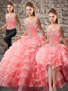 Beading and Ruffled Layers Quinceanera Dress Watermelon Red Lace Up Sleeveless Court Train