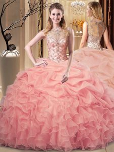 Peach Ball Gowns Beading and Ruffles 15th Birthday Dress Zipper Organza Sleeveless Floor Length