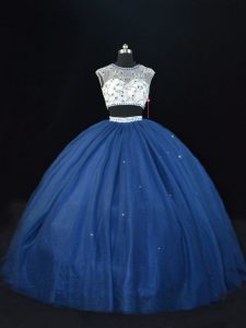 Ideal Navy Blue Ball Gown Prom Dress Sweet 16 and Quinceanera with Beading Scoop Sleeveless Lace Up