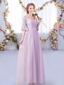 Lace and Belt Damas Dress Lavender Side Zipper Half Sleeves Floor Length