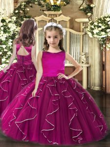 Adorable Fuchsia Tulle Lace Up Scoop Sleeveless Floor Length Little Girl Pageant Gowns Ruffles