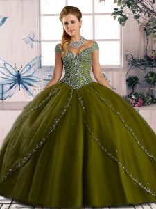 Brush Train Ball Gowns Quinceanera Gown Olive Green Sweetheart Organza Cap Sleeves Lace Up