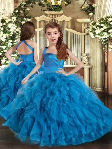 Floor Length Ball Gowns Sleeveless Blue Pageant Gowns For Girls Lace Up
