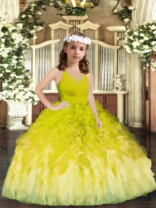 Fashionable Olive Green Sleeveless Ruffles Floor Length Little Girl Pageant Dress