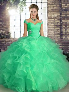 Latest Turquoise Lace Up Off The Shoulder Beading and Ruffles Quinceanera Dresses Organza Sleeveless