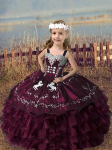 Burgundy Lace Up Girls Pageant Dresses Embroidery and Ruffled Layers Sleeveless Floor Length