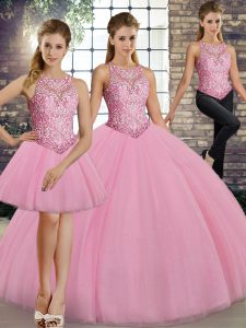 Pink Tulle Lace Up Sweet 16 Dress Sleeveless Floor Length Embroidery