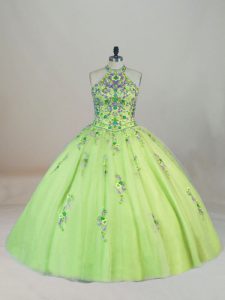 Amazing Yellow Green Lace Up Quinceanera Dress Embroidery Sleeveless Brush Train
