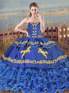 Nice Sweetheart Sleeveless Brush Train Lace Up 15 Quinceanera Dress Blue Organza