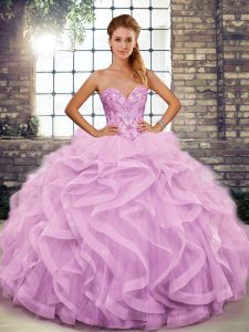 Dazzling Sleeveless Tulle Floor Length Lace Up Quinceanera Dresses in Lilac with Beading and Ruffles