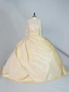 Delicate Yellow High-neck Neckline Lace Quinceanera Gown Long Sleeves Lace Up