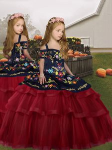 Ball Gowns Little Girls Pageant Gowns Red Straps Tulle Sleeveless Floor Length Lace Up