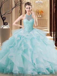 Elegant Organza Halter Top Sleeveless Brush Train Lace Up Embroidery and Ruffles Sweet 16 Quinceanera Dress in Light Blue