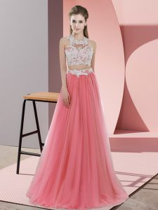 Sleeveless Floor Length Lace Zipper Quinceanera Court Dresses with Watermelon Red