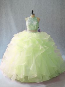 Yellow Green Ball Gowns Beading and Ruffles Quinceanera Dresses Backless Organza Sleeveless