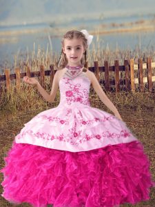 Sleeveless Beading and Embroidery and Ruffles Lace Up Kids Pageant Dress